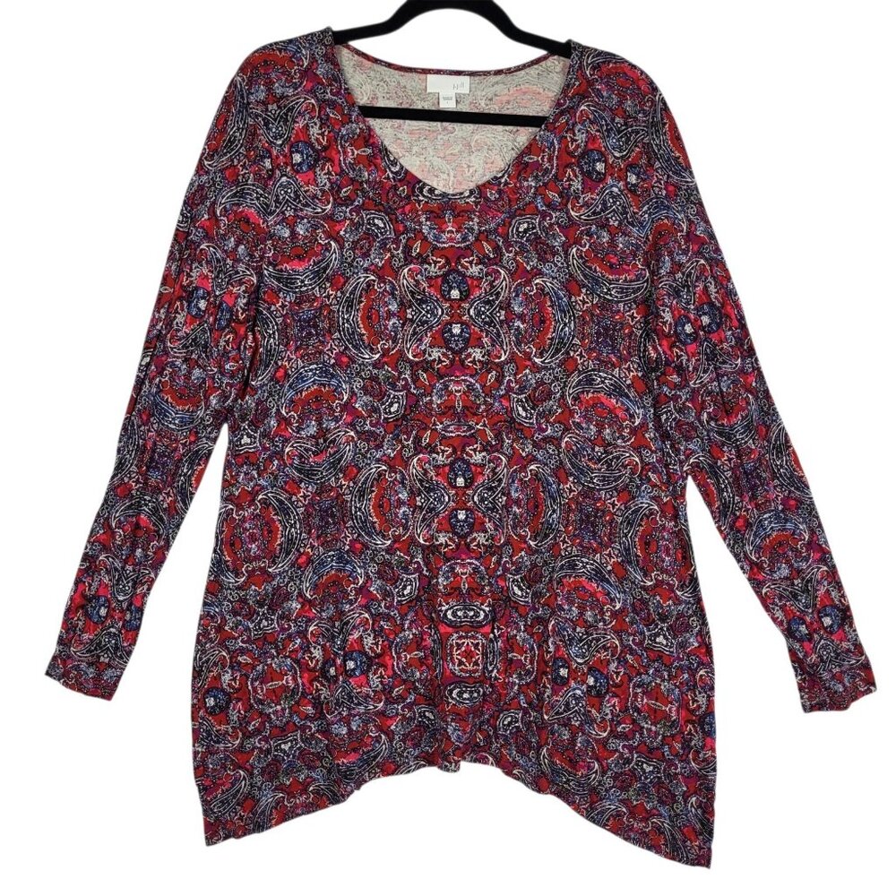 J Jill Top Blouse Women's Large Red Paisley V Neck Stretchy Soft Boho Shark Bite
